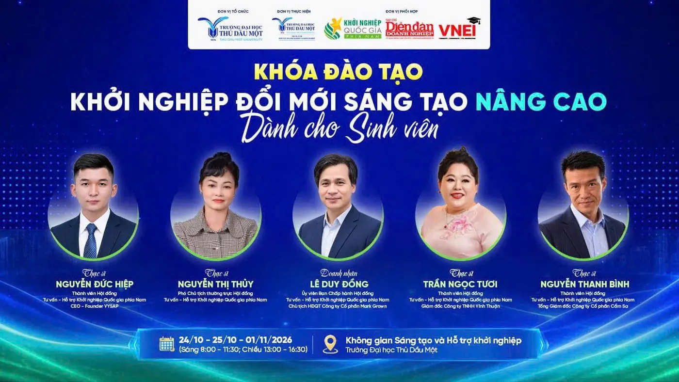 Flyer Khóa đào tạo Khởi nghiệp đổi mới sáng tạo nâng cao dành cho sinh viên – Trường Đại học Thủ Dầu Một
